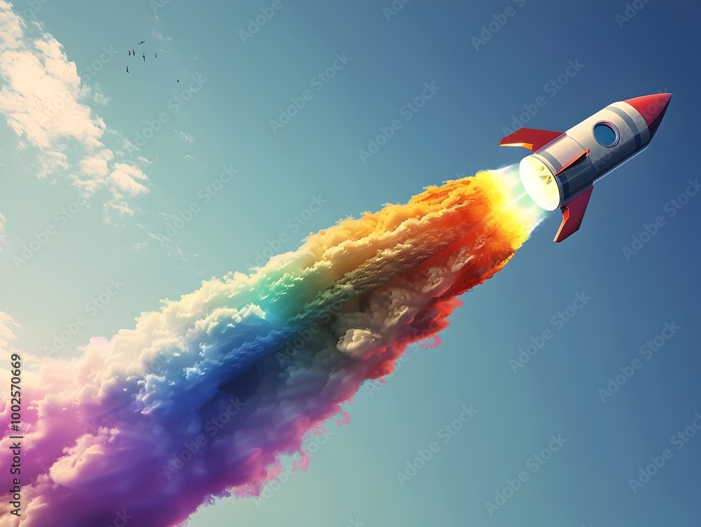 Retro Styled Rocket Blasting Off with Rainbow Smoke Trail in the Sky Retro Styled Rocket Blasting Off with Rainbow Smoke Trail in the Sky