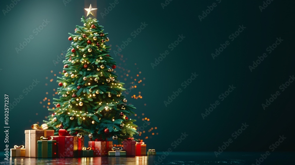 Fototapeta premium Christmas tree with gift boxes and snowfall. 3D rendering.