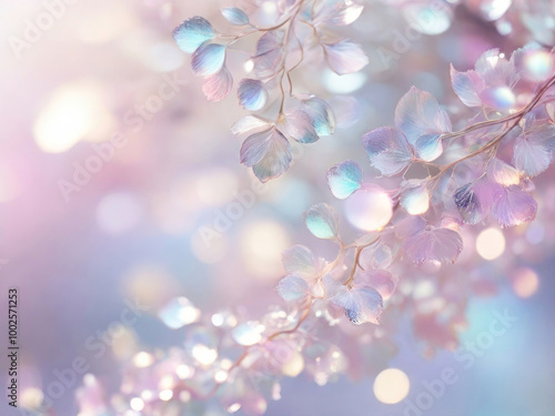 A delicate twig with mother-of-pearl petals on a blurred background in the form of side highlights