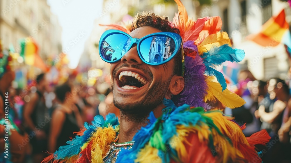 Joyful young man in colorful feathered costume and blue sunglasses laughing at a vibrant carnival parade. Joyful young man in colorful feathered costume and blue sunglasses laughing at a vibrant carnival parade.