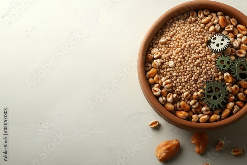 A bowl of grain mixed with tiny metal gears, symbolizing the mechanical aspect of feeding in factory farming and the fusion of nature with technology. photo