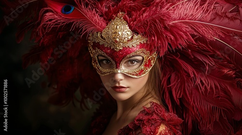 Serious young woman in a red feathered carnival mask with gold details, set against a dark, mysterious background.