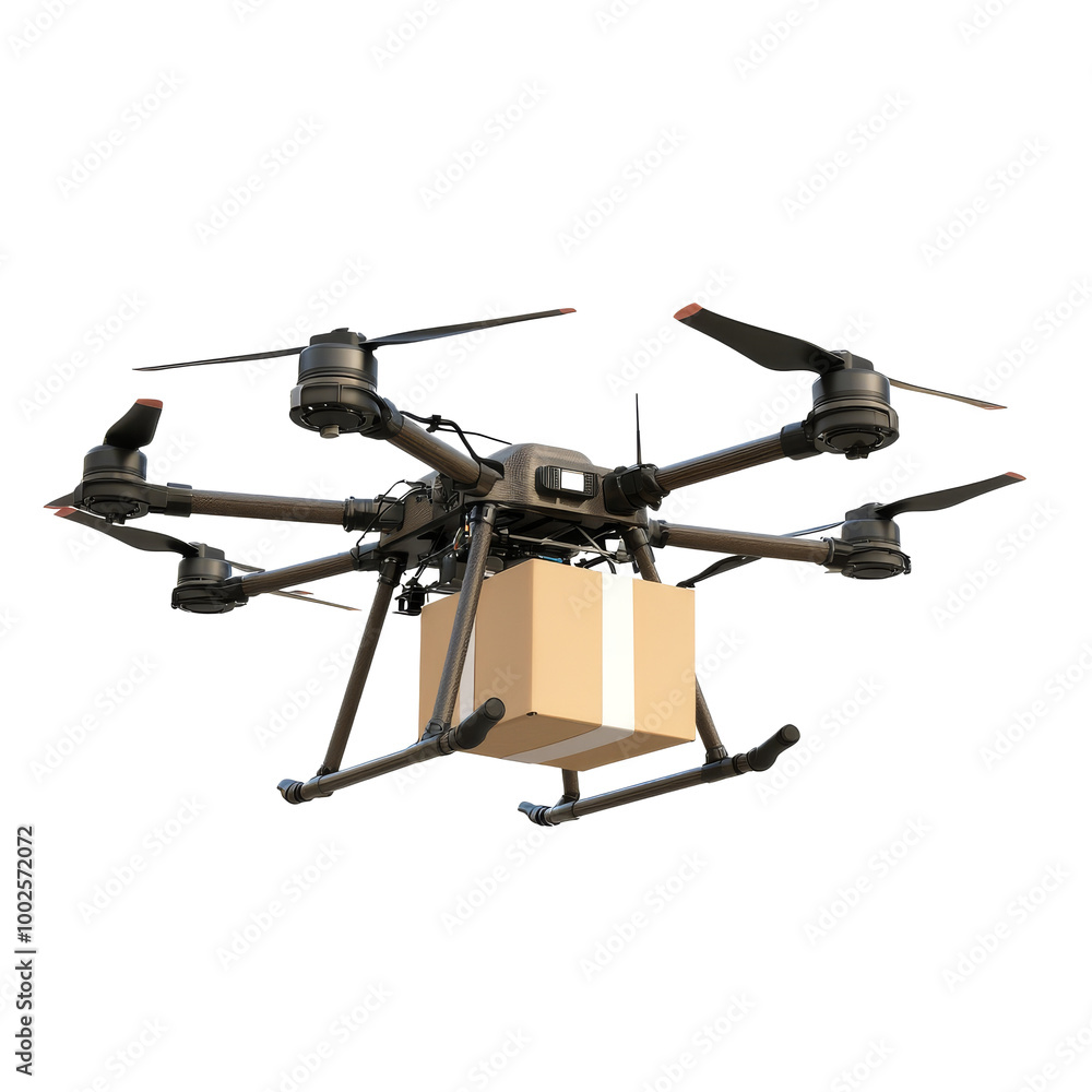 Drone delivers package outdoors on a sunny day Drone delivers package outdoors on a sunny day
