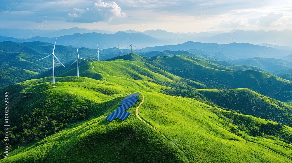 green landscape with solar panels and wind turbines, highlighting sustainable innovation and renewable energy technology, promoting eco-friendly power solutions for a cleaner environment