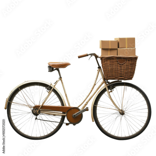 Vintage bicycle with a wicker basket and packages photo