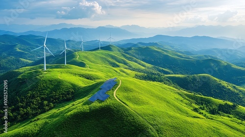 Obraz na płótnie green landscape with solar panels and wind turbines, highlighting sustainable innovation and renewable energy technology, promoting eco-friendly power solutions for a cleaner environment w salonie