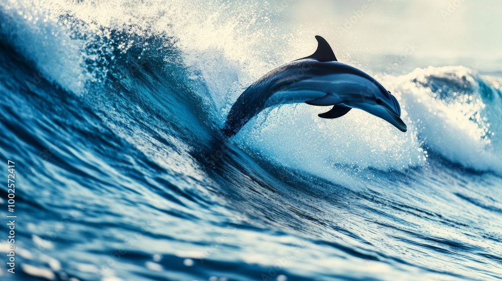 Fototapeta premium A close-up of a wave with a dolphin leaping through the water, the animal's motion adding a sense of life and movement to the scene