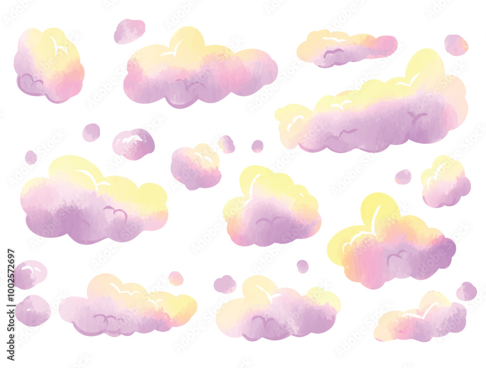 Obraz premium Collection of Watercolor Purle and Yellow Cloud Vector Elements