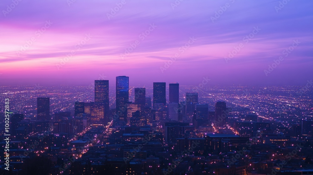 Aerial View of City Skyline at Dusk with Glowing Lights Aerial View of City Skyline at Dusk with Glowing Lights