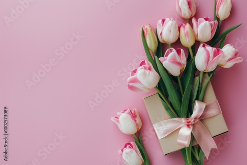 Gift Box with Pink Ribbon and Tulips on Soft Pink Background: Romantic Floral Arrangement for Spring Celebration