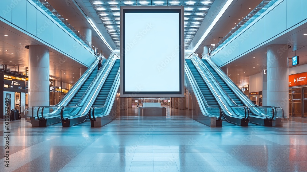 blank advertising billboard and poster display template at airport and subway station escalator, perfect for media exposure, branding, and promotional campaigns in urban transit settings