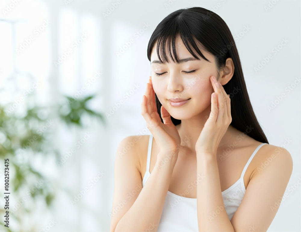 スキンケアをする若い女性 スキンケアをする若い女性