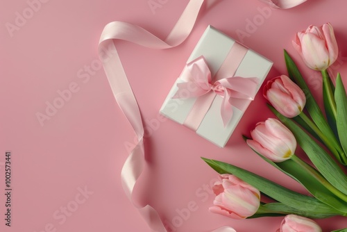 Gift Box with Pink Ribbon and Tulips on Soft Pink Background: Romantic Floral Arrangement for Spring Celebration