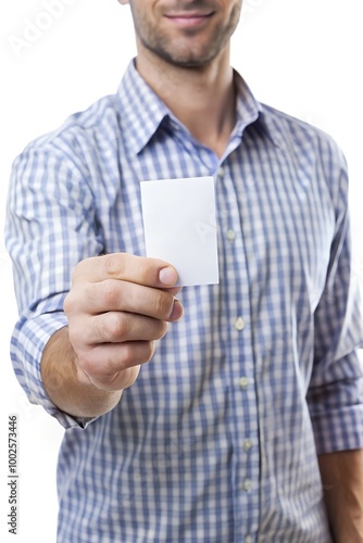 flyer, isolated on white backgroundMale hand holding a blank card or a ticket photo