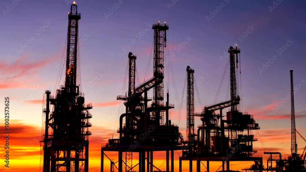 Oil rigs silhouetted against a dramatic sunset sky in the desert, symbolizing energy production and innovation Oil rigs silhouetted against a dramatic sunset sky in the desert, symbolizing energy production and innovation