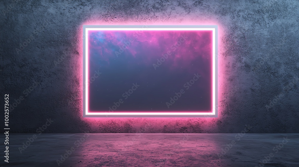 Illuminated frame against a textured wall, showcasing vibrant neon lights and modern design, perfect for artistic displays. Illuminated frame against a textured wall, showcasing vibrant neon lights and modern design, perfect for artistic displays.