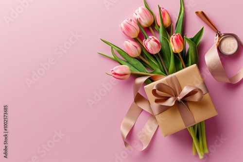 Gift Box with Pink Ribbon and Tulips on Soft Pink Background: Romantic Floral Arrangement for Spring Celebration