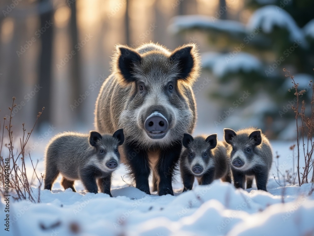 Wild boar sow with three piglets standing on snow-covered ground in winter forest, soft light, outdoor wildlife scene Wild boar sow with three piglets standing on snow-covered ground in winter forest, soft light, outdoor wildlife scene