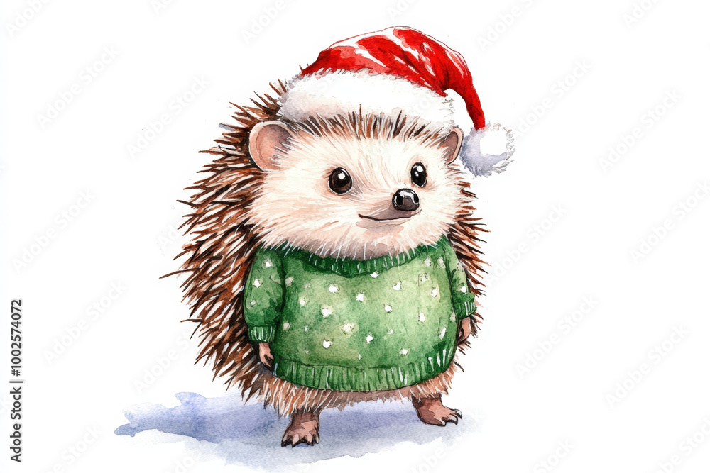 Watercolor illustration of a cute hedgehog wearing a christmas sweater and a santa hat, evoking a festive holiday mood Watercolor illustration of a cute hedgehog wearing a christmas sweater and a santa hat, evoking a festive holiday mood