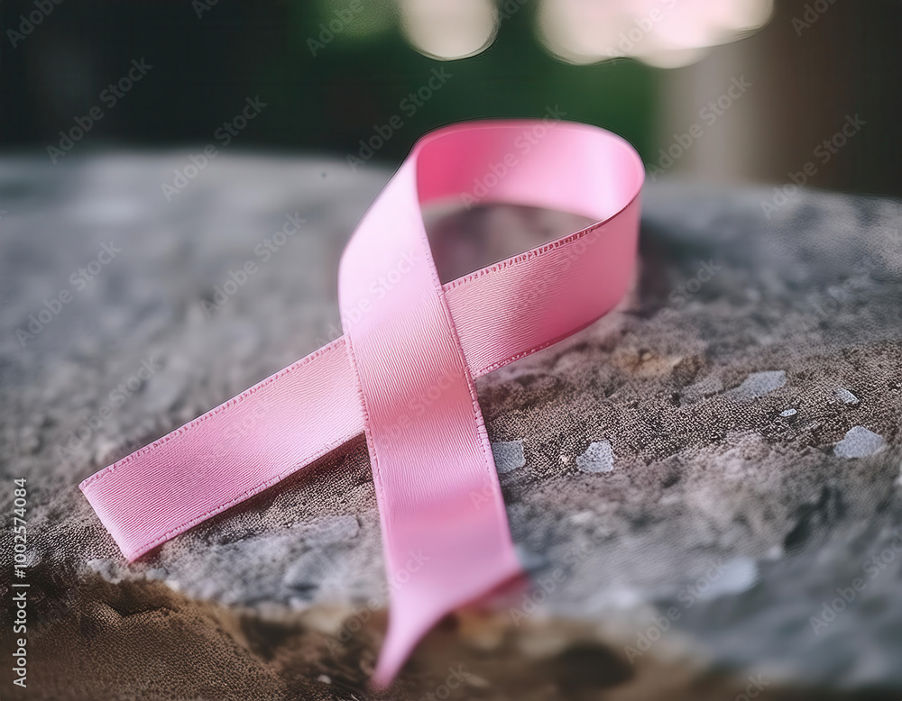 A pink ribbon symbol of breast cancer awareness resting on a stone surface outdoors, evoking a solemn and contemplative mood in remembrance and support.