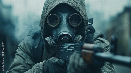 man equipped with a gas mask and rifle, ready for defense and survival in dangerous environments, showcasing military action, tactical preparedness, and protection in hazardous conditions