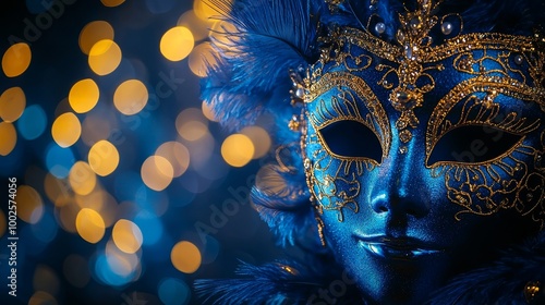 An elegant blue feathered mask with golden details against a dark bokeh background