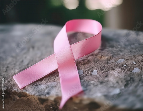 Obraz na płótnie A pink ribbon symbol of breast cancer awareness resting on a stone surface outdoors, evoking a solemn and contemplative mood in remembrance and support.
w salonie
