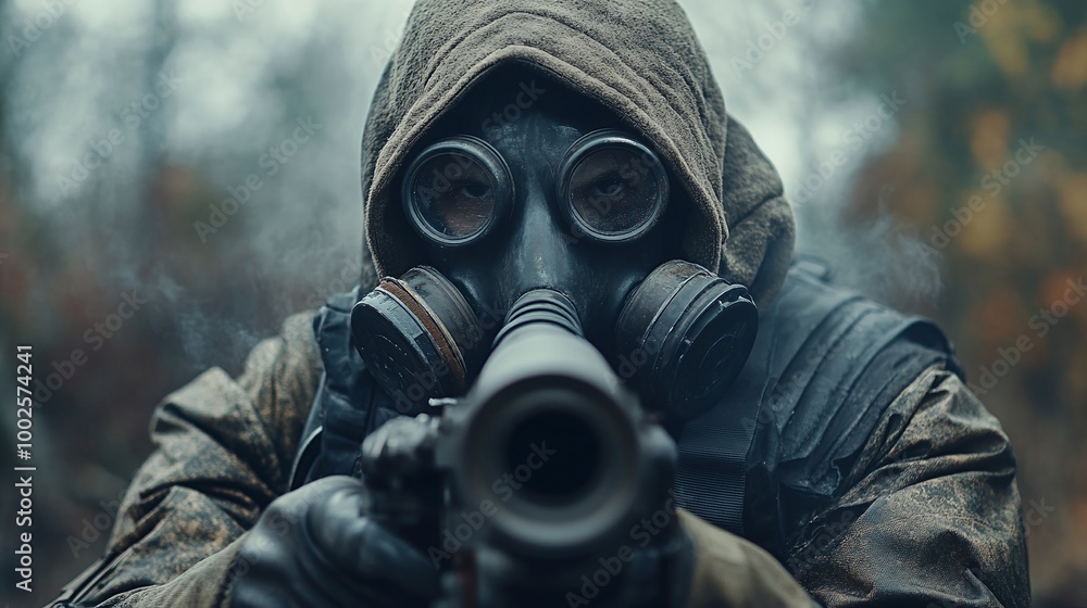 man equipped with a gas mask and rifle, ready for defense and survival in dangerous environments, showcasing military action, tactical preparedness, and protection in hazardous conditions man equipped with a gas mask and rifle, ready for defense and survival in dangerous environments, showcasing military action, tactical preparedness, and protection in hazardous conditions
