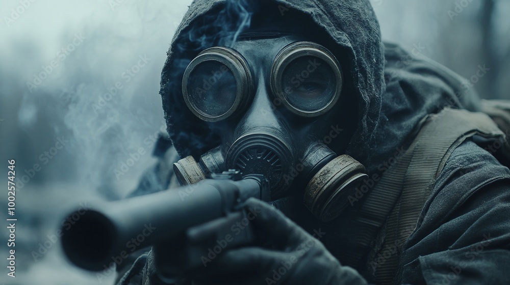 man equipped with a gas mask and rifle, ready for defense and survival in dangerous environments, showcasing military action, tactical preparedness, and protection in hazardous conditions man equipped with a gas mask and rifle, ready for defense and survival in dangerous environments, showcasing military action, tactical preparedness, and protection in hazardous conditions