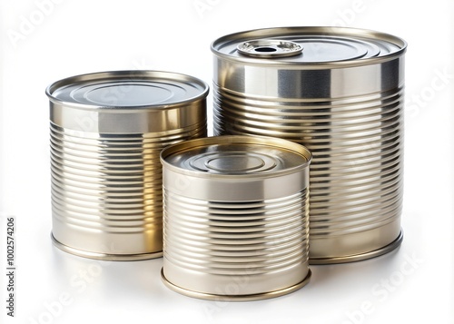 Set of metal tin cans with blank labels, isolated on white background