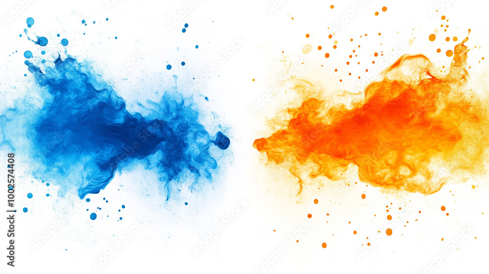 Two vibrant splashes of paint against a white background. The left splash is predominantly blue, with a central region that appears to be a mix of blue and white, resembling a cloud Two vibrant splashes of paint against a white background. The left splash is predominantly blue, with a central region that appears to be a mix of blue and white, resembling a cloud