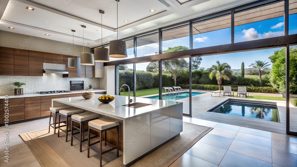Modern kitchen with view of pool outside in the backyard Modern kitchen with view of pool outside in the backyard