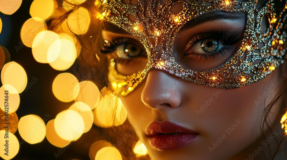 A glamorous golden mask with intricate details illuminated by warm bokeh lights. A glamorous golden mask with intricate details illuminated by warm bokeh lights.