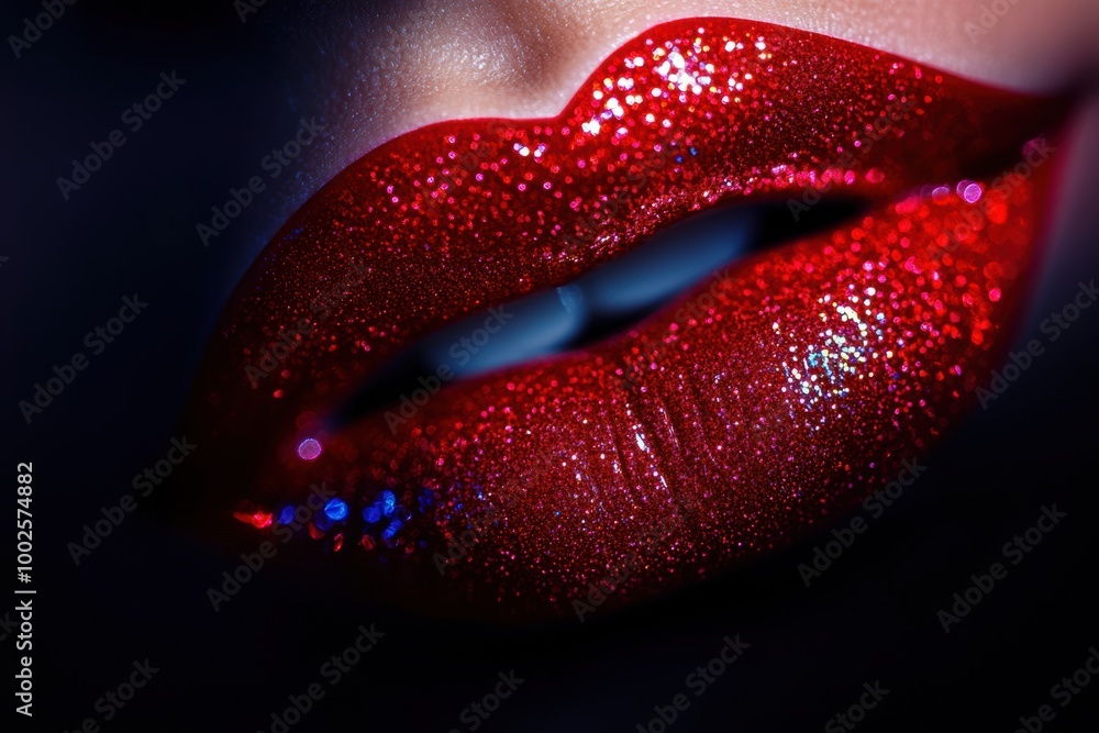 Close-up of glossy, vibrant lips with a shiny finish reflecting light in a dramatic setting. Generative AI Close-up of glossy, vibrant lips with a shiny finish reflecting light in a dramatic setting. Generative AI