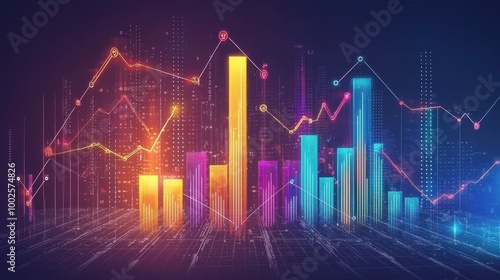 Creative infographic showing upward business growth with bar graphs, financial symbols, and arrows.