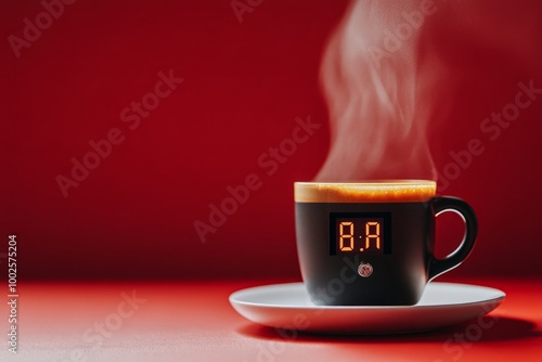 A stylish black coffee cup with steam rises against a vibrant red backdrop. The cup displays a modern clock feature at the top. Perfect for coffee lovers or tech fans. Generative AI photo