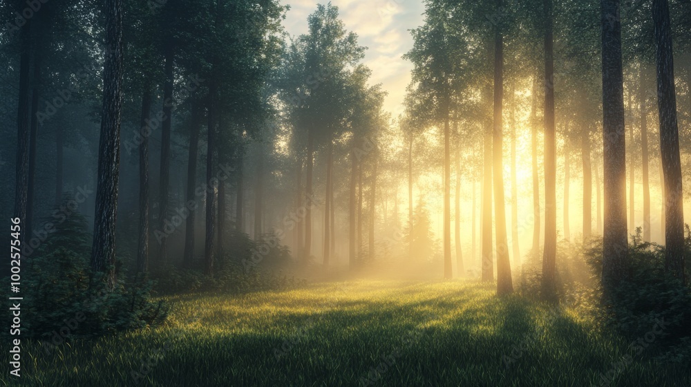 Obraz premium A foggy forest at dawn, with soft rays of sunlight barely filtering through the mist