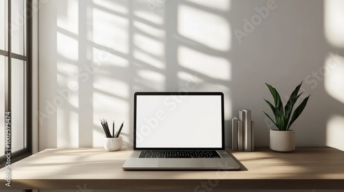 Minimalist Workspace with Laptop on Wooden Desk