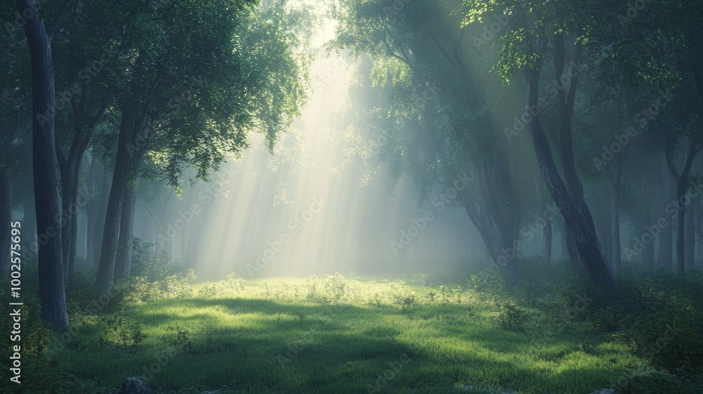 Fototapeta premium A foggy forest clearing at daybreak, with light softly diffusing through the mist