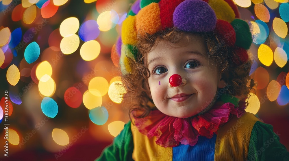 Cheerful young clown with a colorful hat and red nose amid festive bokeh lights. Cheerful young clown with a colorful hat and red nose amid festive bokeh lights.