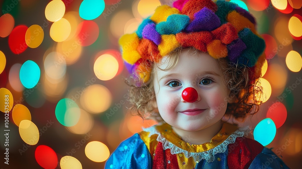 Fototapeta premium Cheerful young clown with a colorful hat and red nose amid festive bokeh lights.