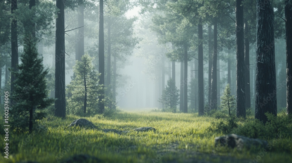 Fototapeta premium A foggy morning in a serene forest, with faint sunlight softly filtering through the mist