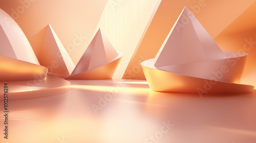 Abstract 3D composition of toruses and pyramids in warm light. generative ai