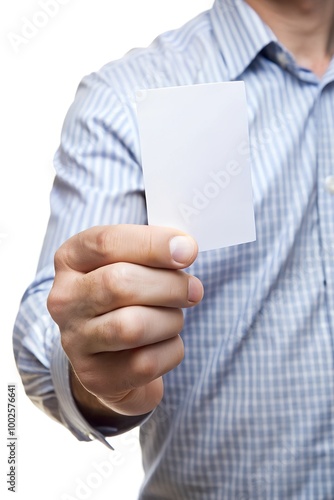 flyer, isolated on white backgroundMale hand holding a blank card or a ticket photo