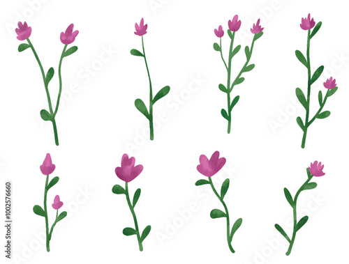 Collection of Purple Flower Florals and Leaves Vector Elements