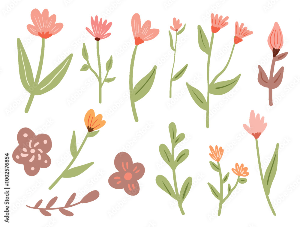 Obraz premium Collection of Pink Flower Florals and Leaves Vector Elements
