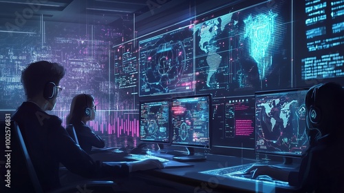 artificial intelligence cybersecurity threat concept, diverse IT security team analyzing cyber attacks, ensuring data protection and network security with inclusive expertise and ai analysis