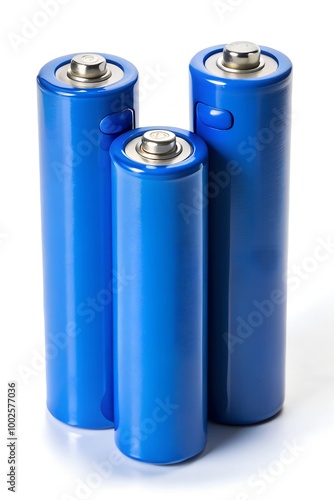 Blue AAA, AA and PP3 batteries, isolated on white background photo