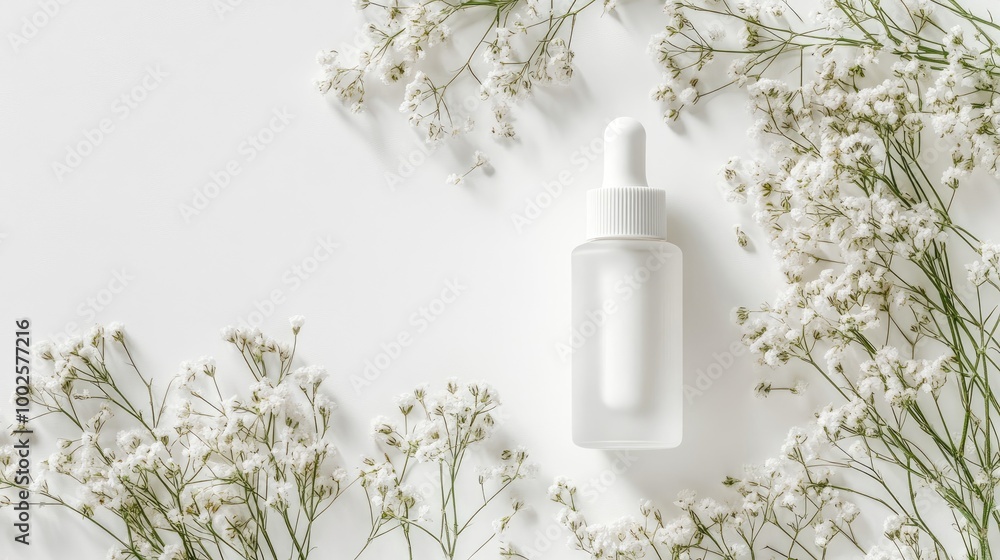 A top view of a trendy white skincare bottle, resting on a clean white surface with delicate flowers, providing a fresh and elegant aesthetic A top view of a trendy white skincare bottle, resting on a clean white surface with delicate flowers, providing a fresh and elegant aesthetic