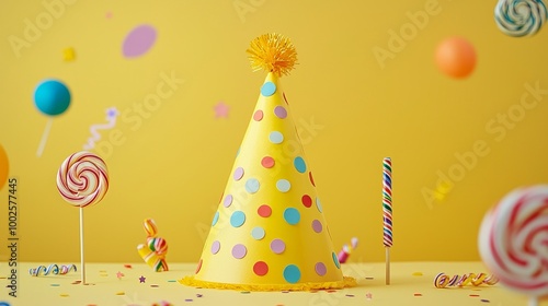 Colorful party items like a polka-dotted hat, ribbons, and candies on a bright yellow background. photo